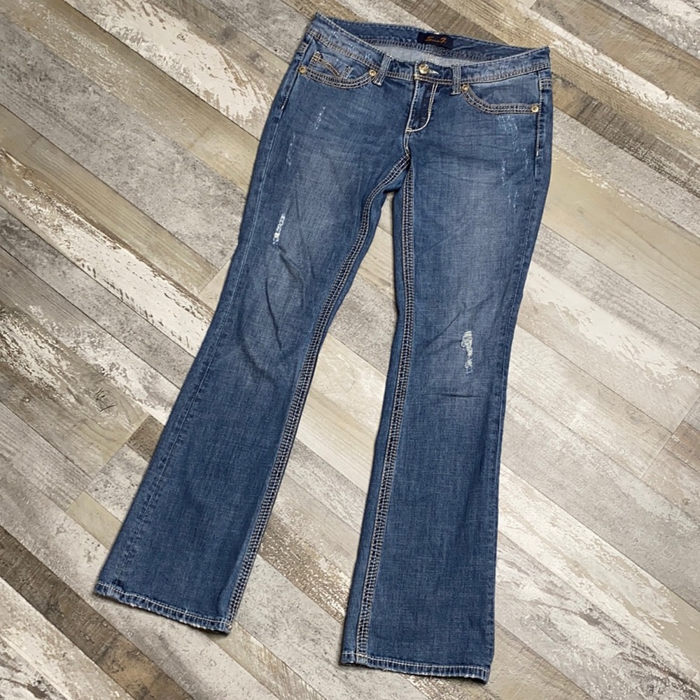 Women's Seven7 Flare Leg Factory Distressed Jeans